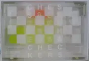SUNNYLIFE MINI LUCITE CHESS & CHECKERS SET NEW IN BOX WHITE LIME GREEN ORANGE