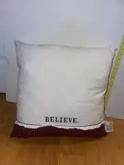 RAE DUNN “Believe” Red & White Feather Throw Pillow 20x20 Christmas Fast Ship