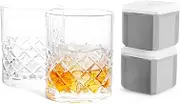 Final Touch Yarai Double Old-Fashioned Glass Set Includes 2 Lead-Free Whiskey Glasses 10oz and 2 BPA-Free Ice Cube Trays with 1¾ Inch Cubes Perfect for Whiskey Cocktails Bourbon and Spirits (GG9023)