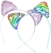 2 Pcs Reversible Sequin Cat Ears Headband, Glitter Headband Hair Metal Hoop Hair Accessories Bling Cute Cat Hairbands for Women Girls Daily Wearing and Party Decoration (Color+Pink, One size)