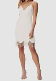$275 Aidan By Aidan Mattox Womens Ivory Rhinestone Fringe Trim Sheath Dress Sz 8
