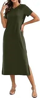 [Naggoo] Women's Short Sleeve Split Maxi Dress Casual Plain Tie Dye Print Tshirt Long Dresses with Pockets
