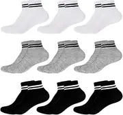 [Meng Jiaran] 9 Pairs Kids Ankle Crew Socks, Boys Trainer Socks Kids Athletic Cushioned Socks, 3 Colors Childrens Unisex Anti-slip Striped Cotton Socks Sports Socks for Kids Aged 8-15, White+Grey+Black,