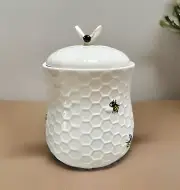 NEW Honey Comb & Bees 3D Textured White Ceramic Canister /Cookie Jar w/Lid