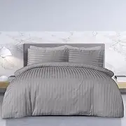 Sleepdown Premium Hotel Quality 100% Cotton Satin Stripe Duvet Cover Set with Pillowcases Quilt Bedding Soft Easy Care Luxury Bed Linen - Grey - Double (200 cm x 200 cm)
