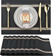 SLKQG Placemats Set of 8 - Easy Clean Modern Durable Washable Vinyl Place Mats - Heat Resistant Placemats for Kitchen Table - PVC Table Mats for Dining Table (Black with Arrows, 8)
