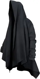 [DigiTizerArt] Mens Streetwear Long Hooded Cardigan with Ruffle Shawl Collar, Open Front, Lightweight Drape Cape and Belt,Samurai Cosplay