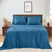 GOKOTTA King Size Luxury Bed Sheets 6 Piece Set, 100% Rayon Derived from Bamboo, Softer and Cooling Than Cotton, 24" Extra Deep Pocket Fitted Sheets with Elastic Corner Straps,Blue