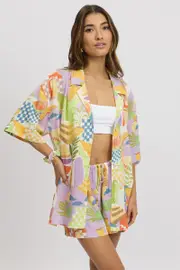 Multi Abstract Relaxed Shirt Short Sleeve Linen Blend - Size 10, Women's Shirt