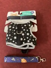 Whisker City Cat/Vest Harness &Leash, Kitten Size Black & Silver Stars-NEW+ FREE