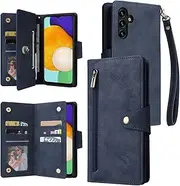 [YocoverTech] for Samsung A13 4G Case,for Galaxy A04S Wallet Case[6 Card Slots and 1 Zipper Coin Pocket] PU Leather Stand Flip Cover with Wrist Strap[6.6 inch]-Blue