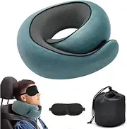 [WFeyahiner] Travel Neck Pillow,Premium Memory Foam Travel Pillow with 3D Contoured Eye Masks & Mesh Bag, Comfortable Breathable Machine Washable, Pain Relief Sleeping Travel Pillow for Plane,Train,Car-Sky Blue
