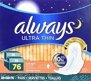 Always Ultra Thin Overnight Pads With Wings, Unscented, 76 Count