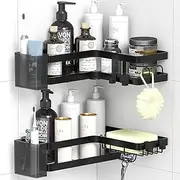 Gabeeriso Soap Holder Bathroom Shelf 2-in-1,Corner Shower Caddy,2 Pack Bathroom Shelves with 12 Hooks,Black Rust-Resistant Adhesive Shower Shelf No Drilling. (L-Shaped Black 2-Pack)
