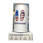 Life Is Good Flip Flop USA Flag 12oz Insulated Can Cooler Stainless Steel White
