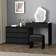ALFORDSON Dressing Table Vanity Stool Set with 8-Drawer Storage, Adjustable Width, LED Mirror, Matching Stool - USB Powered, 3 Light Colors & 10 Brightness Levels, Black Color
