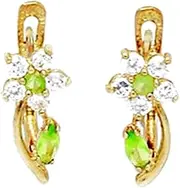[JewelryWeb] 14k Yellow Gold August Green CZ Flower and Leaf Leverback Earrings 16x6mm Stud Earring for Women