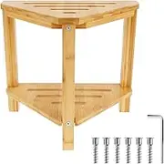 PHWRECZ Bamboo Corner Shower Stool: Solid Bathroom Stool with Non Slip Base, Double Decker Shelving for Easy Sitting, Shoes Change, Bathroom Storage
