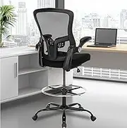 Luckyear Drafting Chair,Ergonomic Tall Office Chairs,Standing Desk Chair with Adjuatable Height,Breathable Mesh High Chair with Foot Rest,Stool Chair with Flip up Arms,Counter Height Chairs,Black