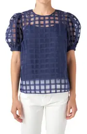 English Factory Windowpane Sheer Top in Navy at Nordstrom, Size Small