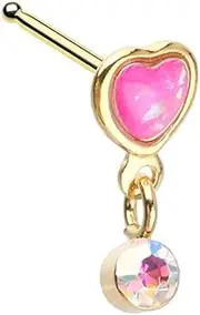 [Pierced Owl] 20GA Gold Plated 316L Stainless Steel Pink Heart with Dangling Aurora Borealis Gem Nose Bone Stud, 20GA, Metal, cubic zirconia