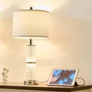 Crystal Table Lamps Modern 3-Way Dimmable Bedside Lamp with 2 USB Ports & AC Out