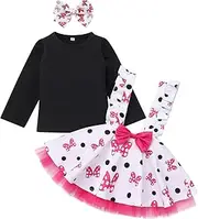 [FYMNSI] Toddler Baby Girls Fall Outfit Solid T-Shirt Top Polka Dots Bowknot Printed Suspender Tutu Skirt Headband 3pcs Set