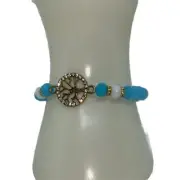 NWT Blue White Beaded Gold-Tone Tree of Life Pendant Rhinestone Stretch Bracelet