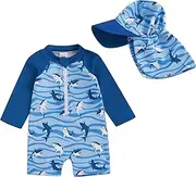 [BYUSBAYA] Toddler Baby Boy Girl Rash Guard Swimsuit Long Sleeve Zipper Bathing Suit One Piece Sun Protection Swimwear with Hat