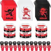 65 Pcs Ninja Party Favors Bags Ninja Silicone Wristbands Bracelet Ninja Temporary Tattoos Stickers Ninjas Stampers Drawstring Bags for Warrior Ninja Birthday Party Supplies Ninja Party Decorations