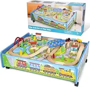 maxim enterprise, inc. 62 Pc Wooden Train Set with Activity Table/Trundle, Wood Train Track, Over Under Bridge, Engine & Car, and Other Railway Accessories, Compatible with All Major Brands