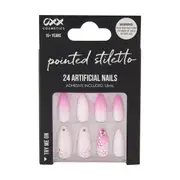 OXX Cosmetics 24 Pack Artificial Nails with Adhesive - Pointed Stiletto Shape, Gem Hearts