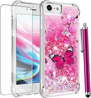 for iPhone SE Case 3rd Generation, iPhone 8 Case, iPhone 7 Case with Screen Protector, Women Girls Cute Glitter Bling Floating Liquid Soft TPU Silicone Shockproof Protective Phone-Pink Butterfly
