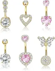 [BelleVive] 6 Pieces Heart Shape Belly Button Piercing 14G Surgical Stainless Steel Hypoallergenic Opal Butterfly Belly Button Rings for Women Cubic Zirconia Body Piercing Jewelry, L