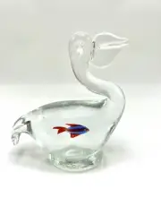 Hand Blown Art Glass 6” Pelican With Fish in Belly Paper Weight / Figurine