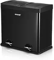 Maxkon 48L Pedal Trash Bin Stainless Steel Waste Bin Dual Compartment Rubbish Bin Kitchen Recycling Bin Office Bedroom Black