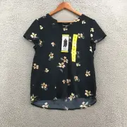 Hilary Radley Blouse Top Womens S Black V Neck Floral Short Sleeve Chiffon NEW