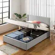 Queen Bed Frame, Zinus Fabric Upholstered Bed Base with Gas Lift Storage, Light Grey, Bedroom Furniture