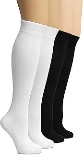 [Hugh Ugoli] Women's Bamboo Knee High Socks | Comfort Seam Long Dress Socks, Soft & Lightweight | Shoe Size 5-8/8-11, 4 Pairs, White/Black (4 Pairs), 5-8