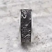 Handcrafted 925 Sterling Silver Crane Ring - Japanese Lotus Water Bird Band