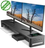 Dual Monitor Stand Riser w/ 2 Drawers, 4 USB Ports, Charging Pad Desk Organiser
