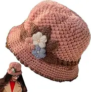 POCHY Women's Flowers Knitted Woolen Hat - Warm and Windproof Knitted Flowers Wool Hat - French Thickened Womens Winter Hats, Knit Hat for Women Pink