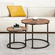 VERFARM Industrial Round Nesting Coffee Table Set of 2 End Tables for Living Room, Stacking Side Tables, Sturdy and Easy Assembly, Round Wood Look Accent Furniture with Metal Frame, Rustic Brown