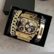 New Sport Gold Steel Watches Men Super Big Large Dial Male Quartz Clock Decorative Compass Luxury Men's Wrist Watch 9315-Black Gift Box