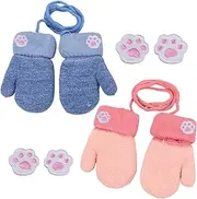 [Generisch] Set of 2 Baby Gloves with Cord and 4 Cat Paws Fabric Patches, Heat Giving Knitted Gloves for 0-3 Years, with Anti-Loss Cord for Hanging on the Neck, Knitted Gloves in Blue and Red, gold, breit
