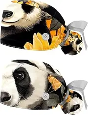 [YTYVAGT] 2-Pc,Nurse Scrub Caps,Scrub Hats with Buttons and Cotton Sweatband,Animal Panda Bear Sunflower Art Illustration