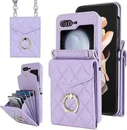 SINQERISHT Wallet Phone Case for Samsung Galaxy Z Flip 6 5G Leather Purse Case with Card Holder & 360° Ring Kickstand & Strap Cover Magnetic Closure Flip PU Handbag Shockproof Shell(Purple)