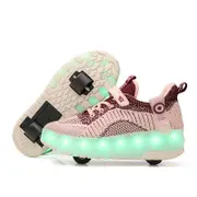 Nevenka Children Double Wheels Roller Skate Shoes LED Lamp Sneakers-Pink