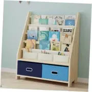 4 Tier Kids Book Shelf, Wooden Kids Book Rack Storage Bookshelf Burlywood-blue