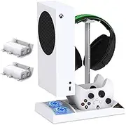 Upgraded Vertical Cooling Fan Stand for Xbox Series S, Cooler Fan System Dual Controller Charging Dock Station with 2 x 1400mAh Rechargeable Battery Pack, Headphone Bracket for Xbox Series S (White)